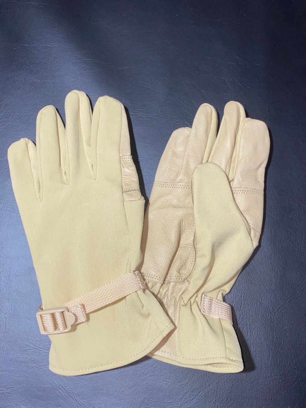 Size Medium Tan Leather Gloves with Adjustable Wrist Straps Military Surplus